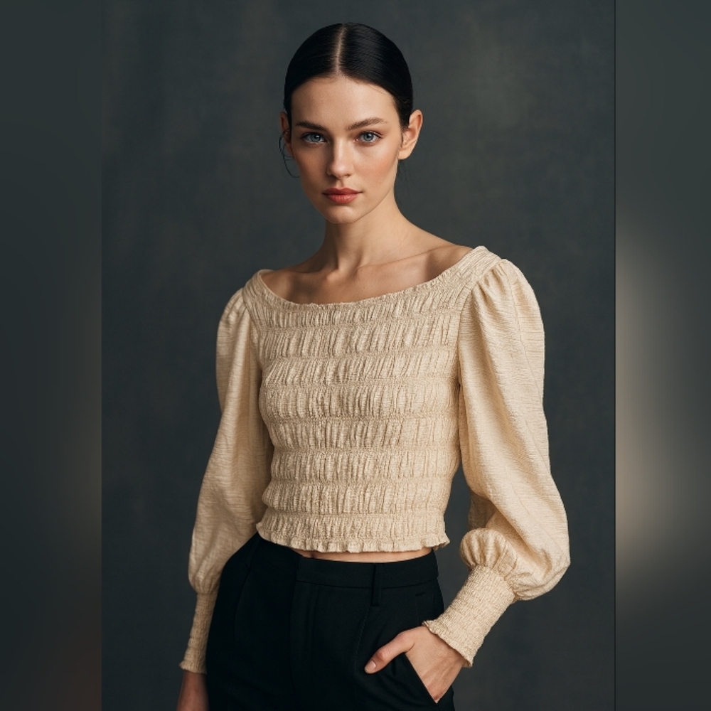 Y.A.S. Smocked Off-Shoulder Blouse Cropped Top Whisper Pink Medium